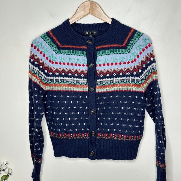 J. CREW Fair Isle Cardigan Sweater Cherry Print Navy Blue Sz XXS {QQ1} - Picture 3 of 7